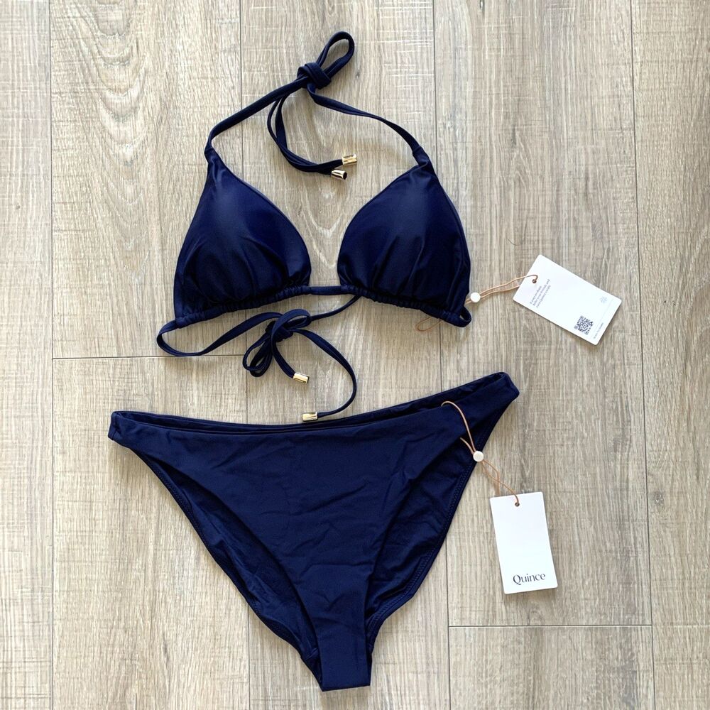 Quince Italian Triangle Bikini Top Back Tie Low Rise Bottom Swim Navy Large L